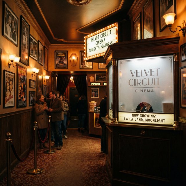 A narrow neighborhood cinema lobby glows with amber sconces, velvet ropes, and framed film stills; "VELVET CIRCUIT" is etched in elegant silver lettering across the frosted glass ticket-booth window. — Nano Banana 2 Lite