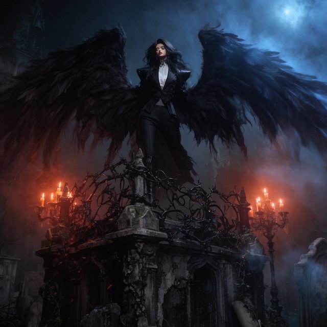 A majestic fallen angel with wings like a dark, tattered cloak, poses dramatically on a crumbling, Victorian-era inspired graveyard tomb, surrounded by twisted, black ironwork and flickering, orange candelabras, as if plucked from a haunting, nightmare. — Krea 2 Large