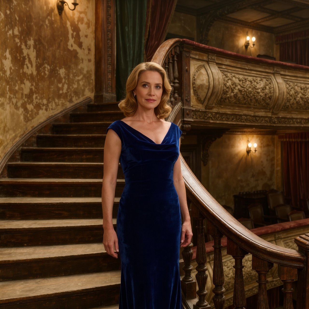 Editorial glamour photograph of an adult woman in a midnight-blue velvet evening gown, standing naturally beside a curved staircase in an old theatre, warm flattering sconce light, relaxed shoulders, poised expression, refined cinematic elegance. — Kling v3 Omni