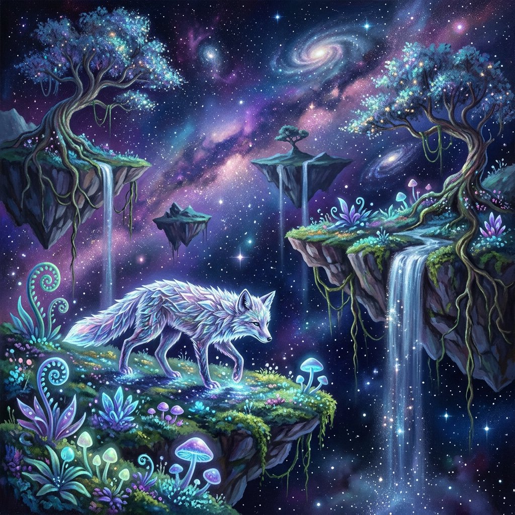 An ethereal fox with crystalline fur navigates a landscape of floating islands. Waterfalls cascade into the starry abyss below, and strange, alien flora sprouts from glowing rocks. This is a magical realism painting, infused with the wonder of distant galaxies. — Nano Banana 2.1