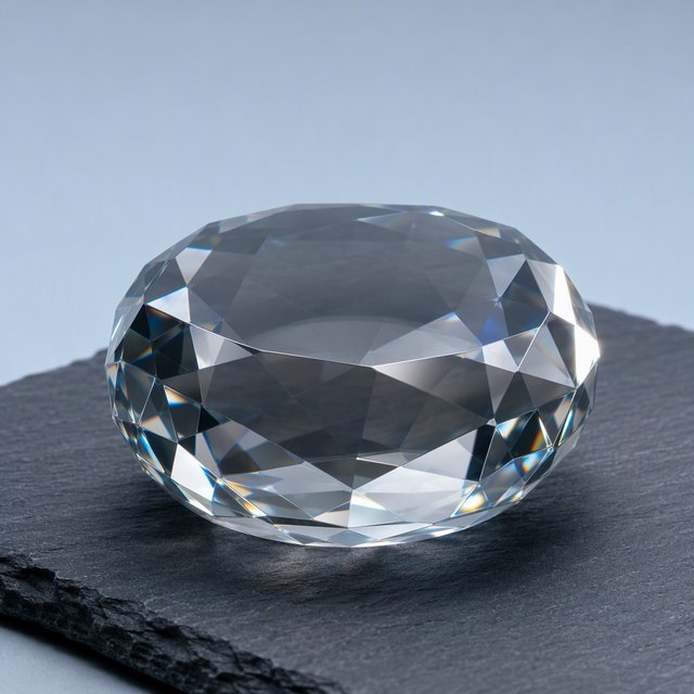 An unbranded, unmarked faceted optical-glass paperweight rests on charcoal slate against a pale blue-gray background; broad diffused studio light and a narrow side highlight reveal crisp internal refractions and bright edge reflections. — GPT Image 2