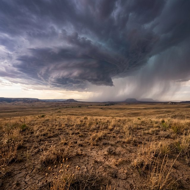 Across a tawny prairie basin, a rotating thunderstorm gathers in the late afternoon beneath bruised clouds, rain veiling distant buttes; seed heads and cracked earth in the foreground contrast with ridges softened by the advancing downpour. — Nano Banana 2.1