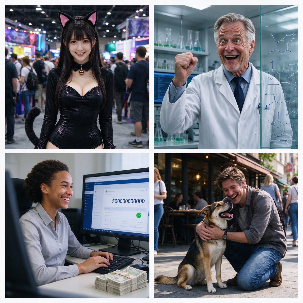 Realistic. Four scenes in one. 1) A pretty Japanese woman, about 19–23 years old, in cat-type cosplay at an anime convention. 2) An old German man or woman, about 60–65 years old, finally having a breakthrough that would change the world. 3) A happy, mixed-race, 21-year-old female or male hacker checking their bank account, which has many zeros, with a bundle of cash near their PC. 4) A happy moment that would make you smile. — Seedream 5.0 Flash