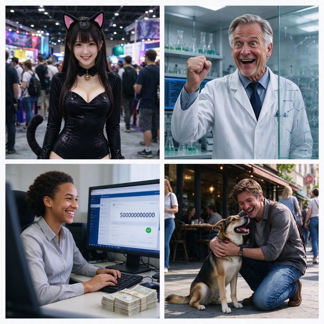 Realistic. Four scenes in one. 1) A pretty Japanese woman, about 19–23 years old, in cat-type cosplay at an anime convention. 2) An old German man or woman, about 60–65 years old, finally having a breakthrough that would change the world. 3) A happy, mixed-race, 21-year-old female or male hacker checking their bank account, which has many zeros, with a bundle of cash near their PC. 4) A happy moment that would make you smile. — Seedream 5.0 Flash