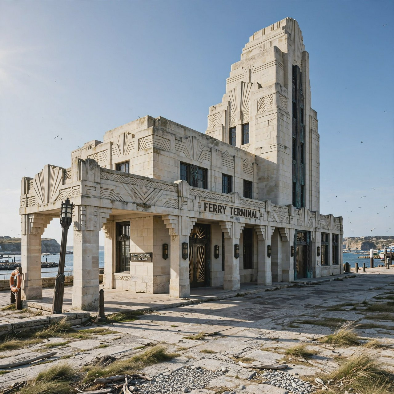 Exterior of a coastal Art Deco ferry terminal, cream limestone, dark bronze window frames, stepped geometric tower and sheltered arcade, late-morning sunlight casting sharp shadows, viewed from across a windswept stone forecourt, realistic architectural photography with precise lines and plausible structure. — Muse Image 1.0