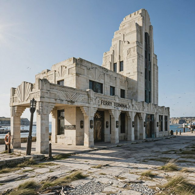 Exterior of a coastal Art Deco ferry terminal, cream limestone, dark bronze window frames, stepped geometric tower and sheltered arcade, late-morning sunlight casting sharp shadows, viewed from across a windswept stone forecourt, realistic architectural photography with precise lines and plausible structure. — Muse Image 1.0