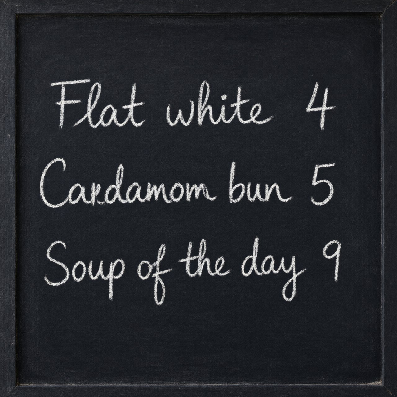 A café chalkboard listing exactly three items: "Flat white 4", "Cardamom bun 5", "Soup of the day 9", in neat chalk handwriting. — Qwen Image 3.0