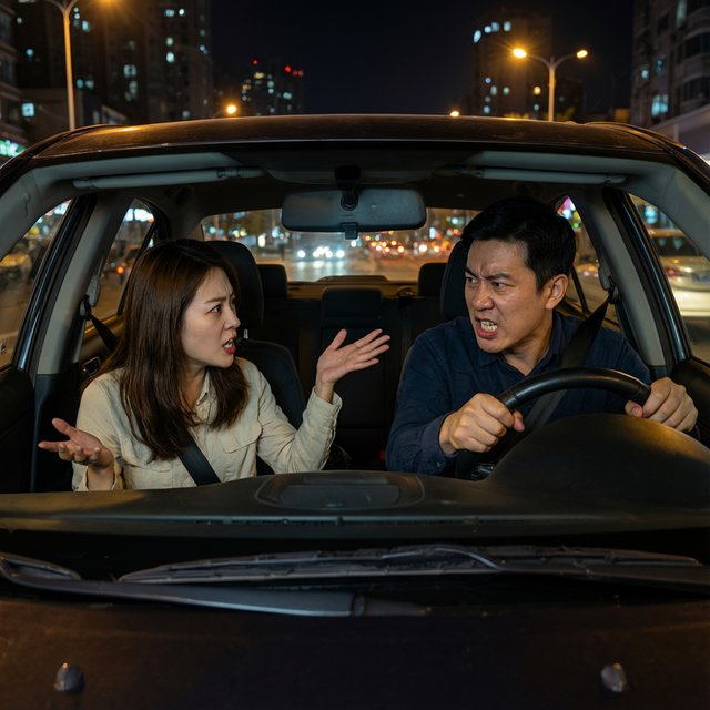 Frontal cinematic shot through the windshield of a car driving at night. A 35-year-old Chinese man is in the driver’s seat, gripping the steering wheel and arguing back in visible frustration. Beside him, a 30-year-old Chinese woman in the front passenger seat is nagging him animatedly, gesturing as she speaks. Both are clearly engaged in a tense argument. Nighttime city lights and passing streetlights glow outside, with reflections across the windshield and realistic interior lighting. — Qwen Image 3.0 Pro