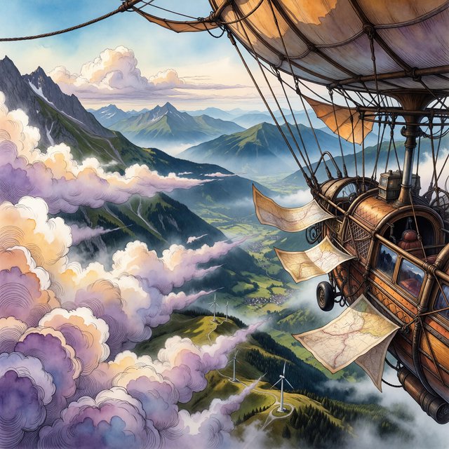Ink-and-gouache illustration of an adult cartographer steering a small airship above a cloud-filled mountain valley, maps fluttering from the cabin and wind turbines turning below. Palette of emerald, ochre, plum, and cream, with lively linework and atmospheric washes. — ImagineArt 1.5 Pro