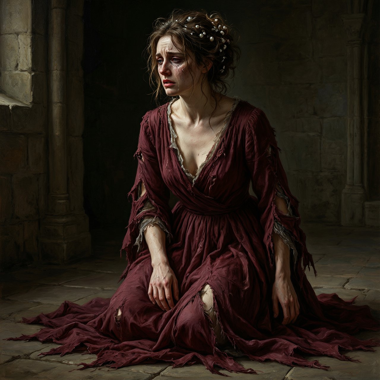 A dramatic cinematic portrait of a fallen noblewoman kneeling in a dimly lit stone chamber, wearing a disheveled dark crimson silk gown, the fabric torn and loose, revealing hints of pale skin, strong chiaroscuro lighting highlighting her silhouette and sorrowful expression, tears, messy hair adorned with broken pearls, atmosphere of despair and silence, oil painting style realism — Qwen Image 3.0 Pro