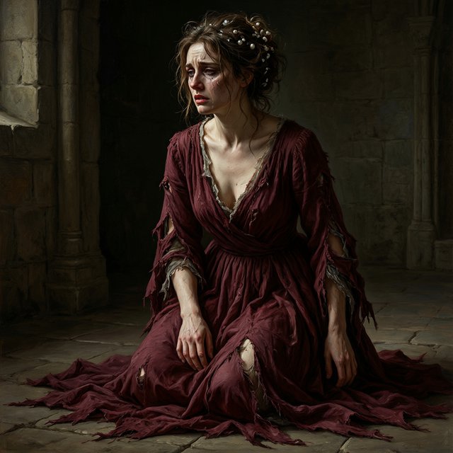 A dramatic cinematic portrait of a fallen noblewoman kneeling in a dimly lit stone chamber, wearing a disheveled dark crimson silk gown, the fabric torn and loose, revealing hints of pale skin, strong chiaroscuro lighting highlighting her silhouette and sorrowful expression, tears, messy hair adorned with broken pearls, atmosphere of despair and silence, oil painting style realism — Qwen Image 3.0 Pro