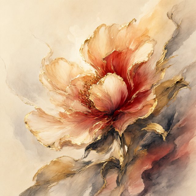 Gently sweeping forms emerge from long, subtle color transitions and soft contours. Bold ink strokes create resilient, confident edges that taper and densify in response to pressure. Raised, polished gold captures directional light in warm, metallic flashes. Luminous, rim-lit gradients blend wet-on-wet into floating patches of color, while a restrained palette of warm ochre, ivory, and deep crimson creates radiant, painterly highlights against a soft, atmospheric background. A flower in the summer wind. — Qwen Image 3.0