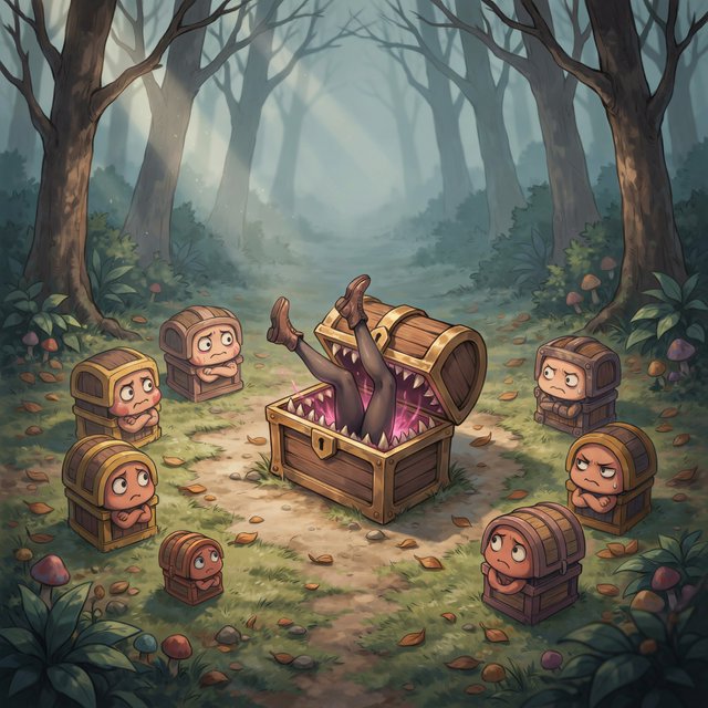 An adult swallowed by an inert mimic chest, with their legs in stockings sticking out of the chest and kicking around. A bunch of envious, cute mimic chests surround it, looking obviously jealous. — Ideogram v4