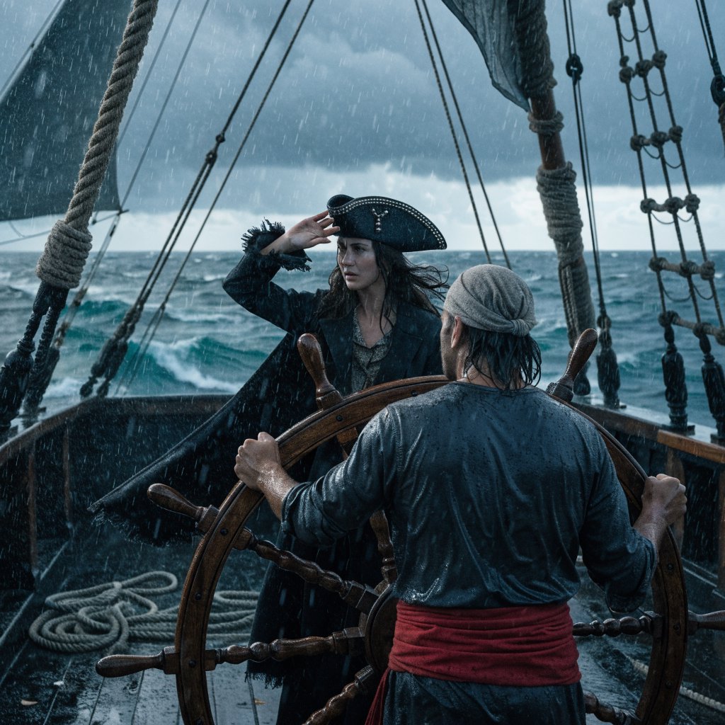 A pirate woman wearing a tricorne hat and an open coat stands behind the helmsman, scanning the horizon for danger. — Recraft v4