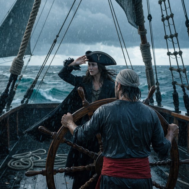 A pirate woman wearing a tricorne hat and an open coat stands behind the helmsman, scanning the horizon for danger. — Recraft v4