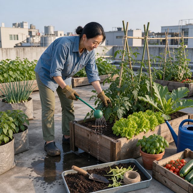 Candid documentary photograph of an adult tending a rooftop vegetable garden in the late afternoon, soft side light, 50mm lens with moderate depth of field, water droplets glinting on freshly watered leaves. — FLUX 3 Image