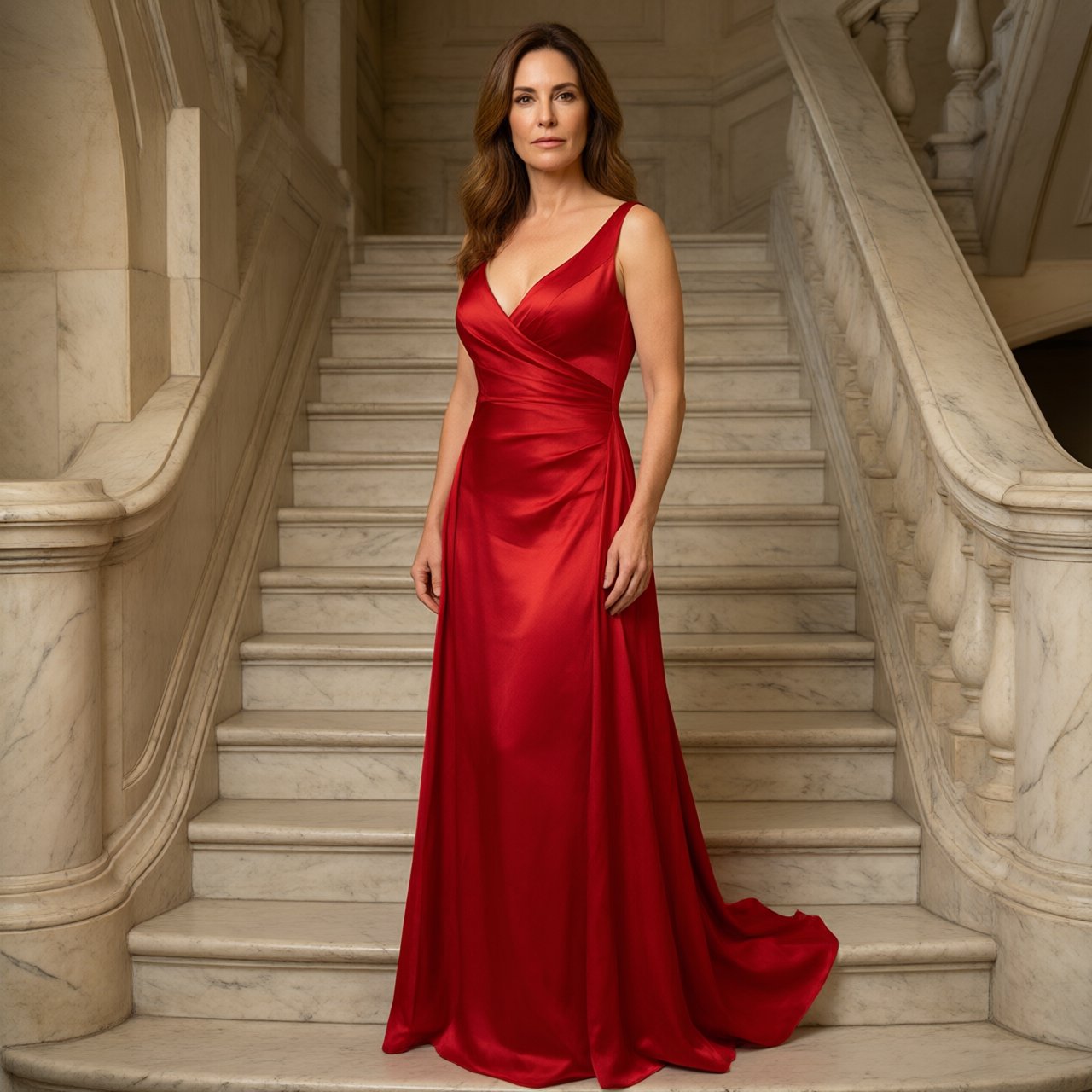 An adult woman in a floor-length red satin evening gown on a marble staircase, soft key light, confident pose, magazine cover style. — Qwen Image 3.0