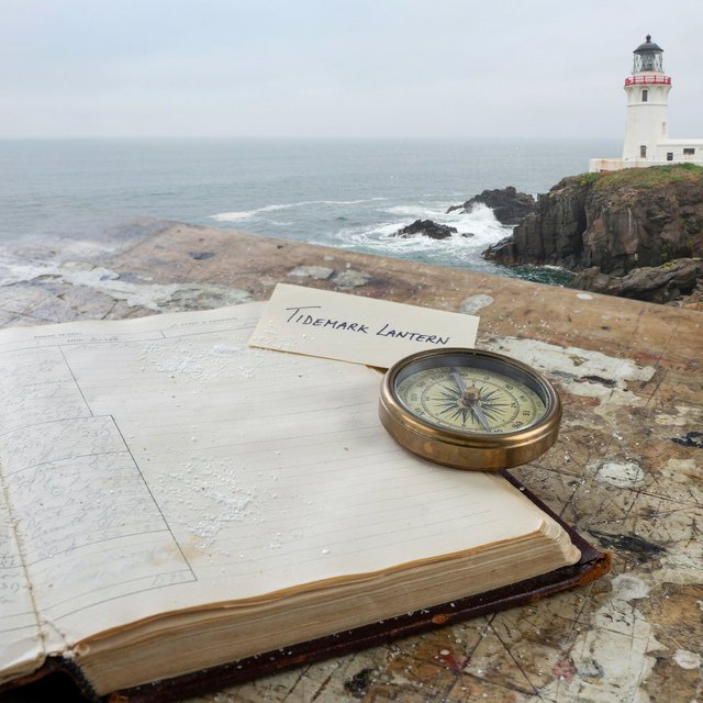 Beside a cliffside lighthouse, a salt-speckled logbook lies open on a chart table; "TIDEMARK LANTERN" is handwritten in looping dark-blue ink across a cream note tucked beneath the compass, with no other legible writing. — Ideogram v4.5