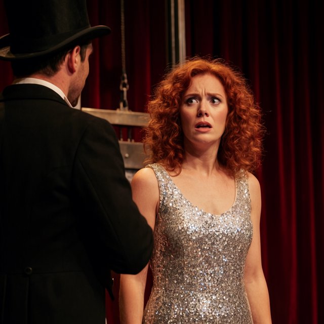 A magician's act on a well-lit stage. A well-dressed magician and glamorous adult female assistant have just unveiled the magician's guillotine. The adult female assistant fakes a worried look, knowing she will shortly participate in the illusion. — Krea 2 Large