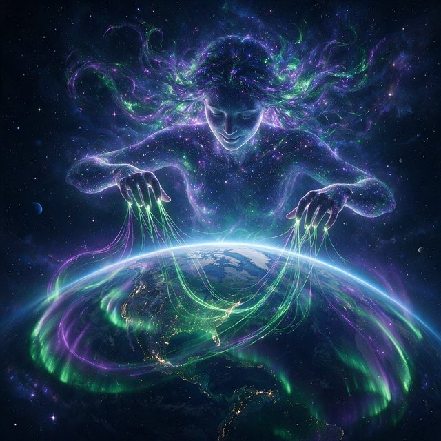 A cinematic wide-angle shot of an ethereal, gigantic adult female entity composed of stardust and nebulae. She hovers in the deep black of space, directly above the curvature of the Earth. Her fingers move like a harpist's, weaving luminous, emerald-green and violet aurora threads directly into the Earth's atmosphere. The polar lights appear like liquid silk, wrapping themselves around the planet. Realistic play of light, mystical atmosphere, bioluminescent colors, deep indigo and neon green. — Seedream 5.0 Pro