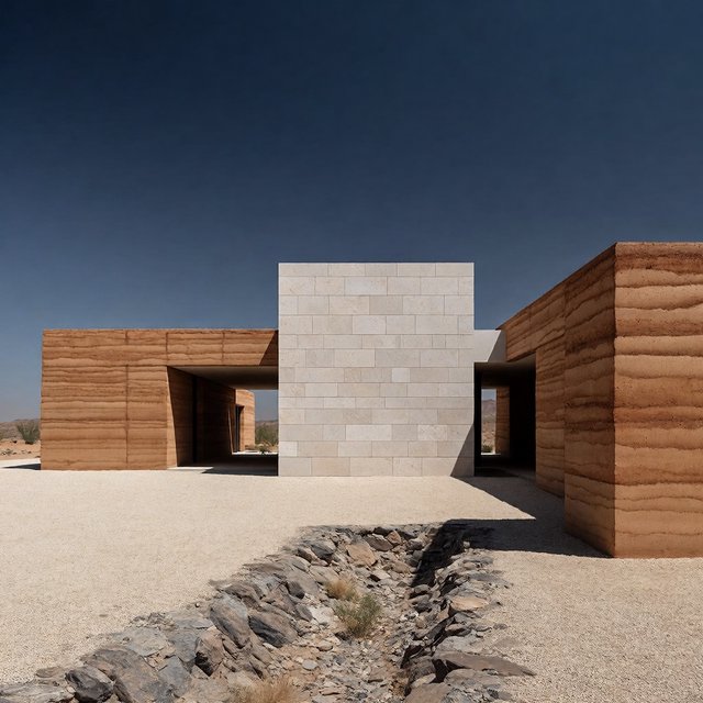 A contemporary desert visitor pavilion built from rust-colored rammed earth and pale limestone sits beside a dry wadi; deep shaded openings frame the courtyard. Hard midday sun, viewed from the gravel approach, crisp geometry and believable construction. — Krea 2 Medium