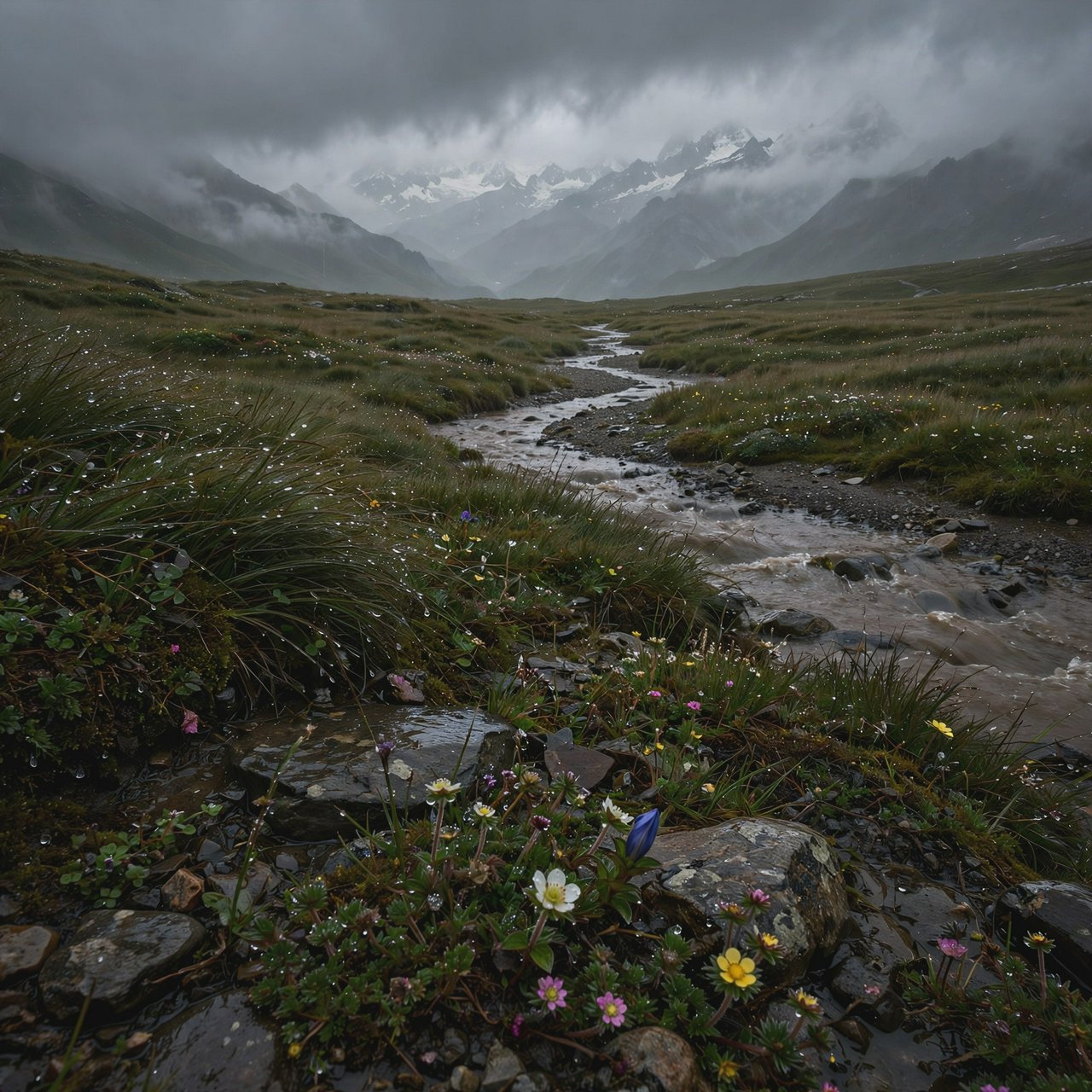 A windswept alpine meadow beneath heavy morning clouds, fresh rain darkening the grasses, a braided stream winding toward distant snowcapped peaks, tiny wildflowers and wet stones sharpening the foreground texture and layered depth. — Muse Image 1.0