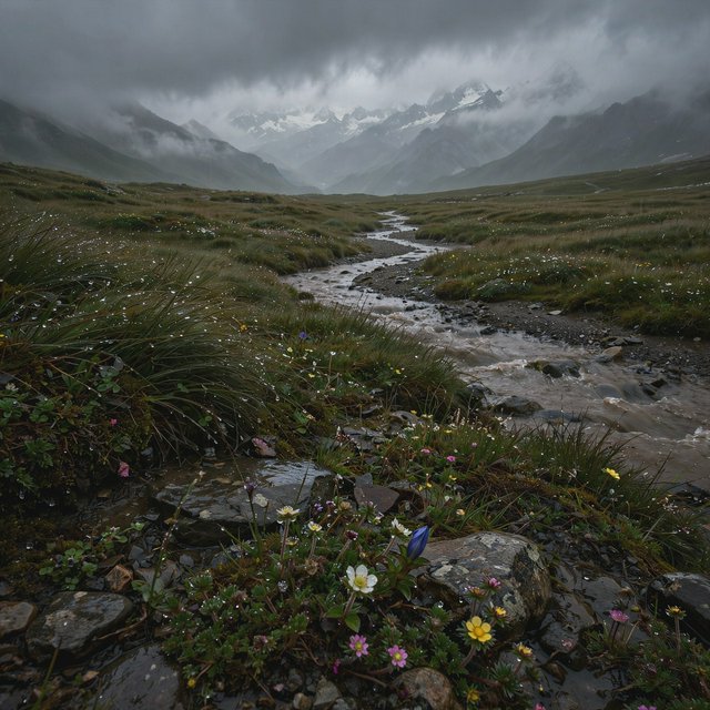 A windswept alpine meadow beneath heavy morning clouds, fresh rain darkening the grasses, a braided stream winding toward distant snowcapped peaks, tiny wildflowers and wet stones sharpening the foreground texture and layered depth. — Muse Image 1.0