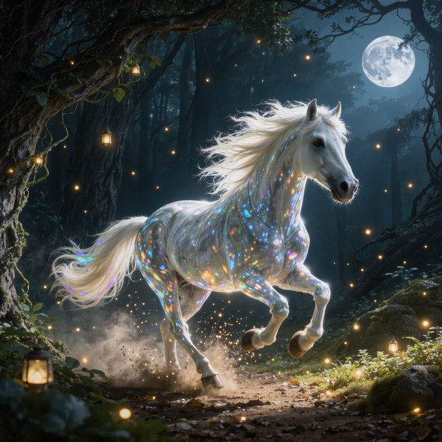 A majestic horse with a spectral mane and tail gallops through an enchanted, moonlit forest. Glimmering fireflies illuminate the path, casting an ethereal glow on ancient trees. The horse appears translucent, as if it's a phantom from another realm. The style is digital art, with surrealism and cinematic lighting to enhance the mysterious atmosphere — Kling v3 Omni