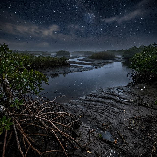 A mangrove delta spreads beneath a star-filled midnight sky after a humid shower; rain-beaded roots and fine silt ridges sharpen the foreground, while winding channels vanish among distant reed islands. — Model 15