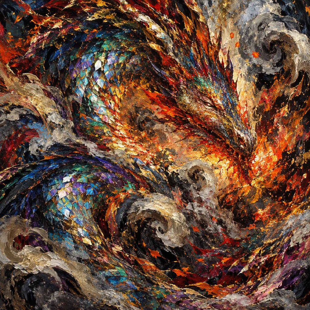 An abstract tapestry woven from the dreams of a sleeping dragon, depicted as a chaotic yet beautiful explosion of iridescent scales, fiery embers, and swirling smoke. The composition is dynamic and energetic, with bold brushstrokes and a rich, textured surface. The style is abstract expressionism, capturing the raw, untamed essence of draconic power. — GPT Image 2.5 Flare