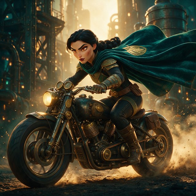 A modeled 3D character design featuring exaggerated, caricatured proportions and a striking silhouette—combined with subtle, nuanced skin shading and warm, cinematic rim lighting—creates an elegant aesthetic reminiscent of modern animated films. The result is a polished, stylized rendering characterized by rich color depth, expressive caricatured facial features, painterly texture details, and a dramatic, theatrical atmosphere typical of contemporary animation. An adult female superhero with a flowing cape on a moving motorcycle. Dieselpunk style. — Seedream 5.0 Pro