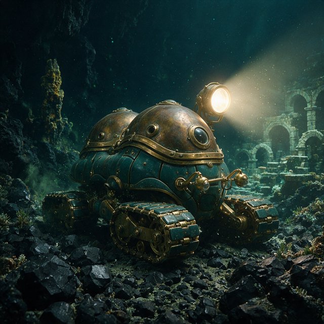 A brass-and-ceramic deep-sea crawler with arched pressure tanks trundles across the floor of a sunken obsidian caldera. Its searchlight cuts through green silt, revealing ruined stone arches far below the surface. — Seedream 5.0 Pro