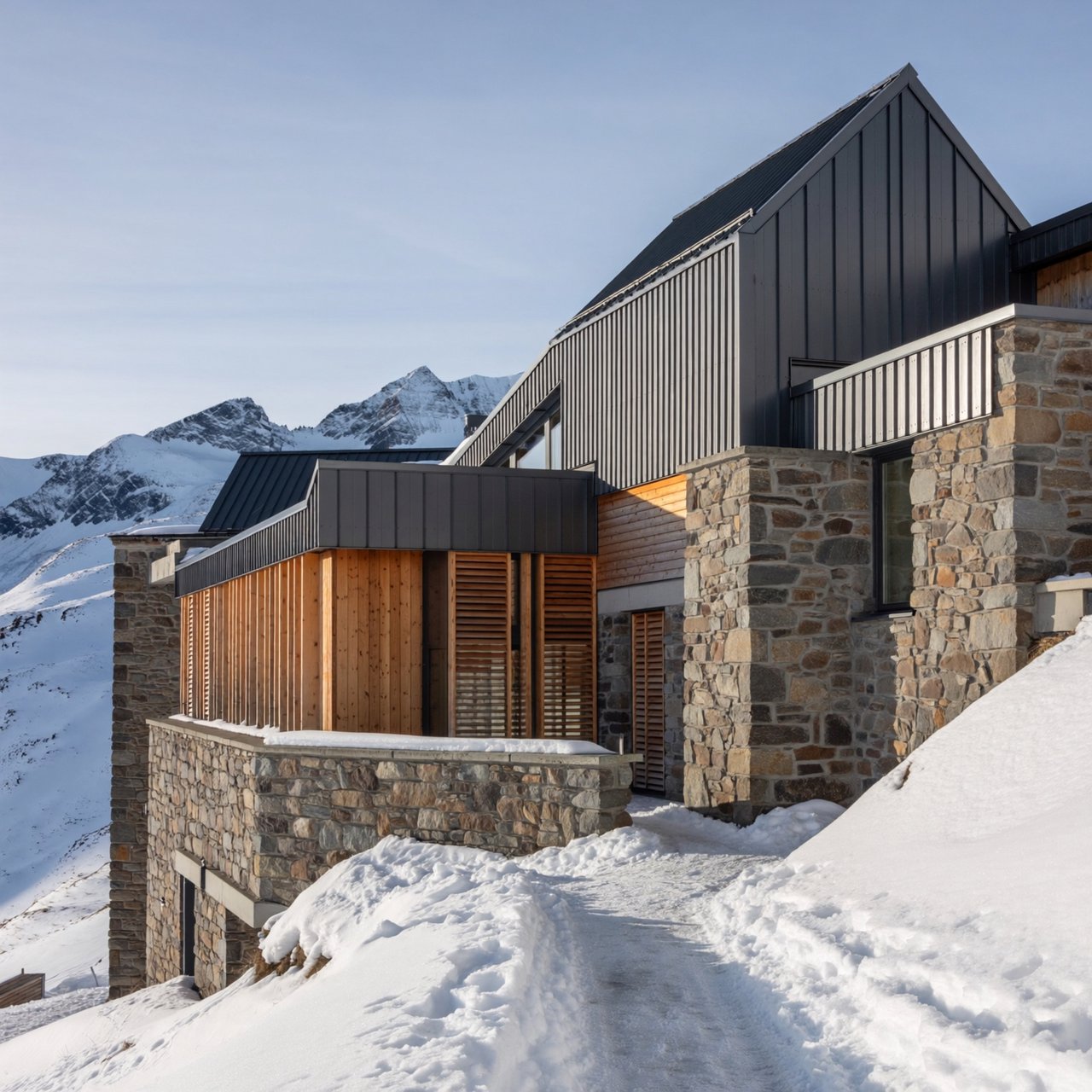 Exterior of a contemporary alpine research lodge in restrained regional modernism, rough granite walls, larch screens, steep standing-seam roof, crisp snow-bright morning light, viewed from below across a mountain footpath, sound structural geometry. — ImagineArt 2