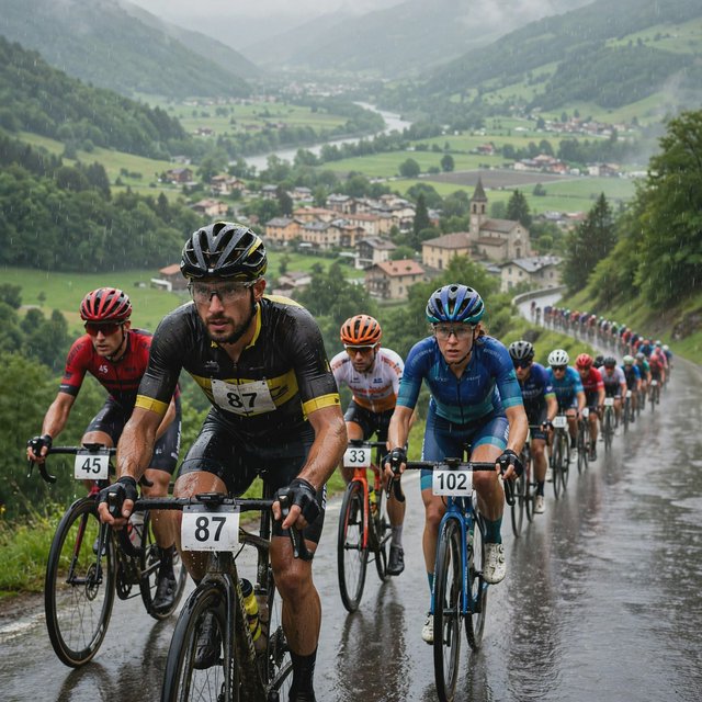 A frontal, close-up shot of a field of competitive cyclists ascending a mountain in the rain. In the background, we see a lush green valley with a small town. — Muse Image 1.0