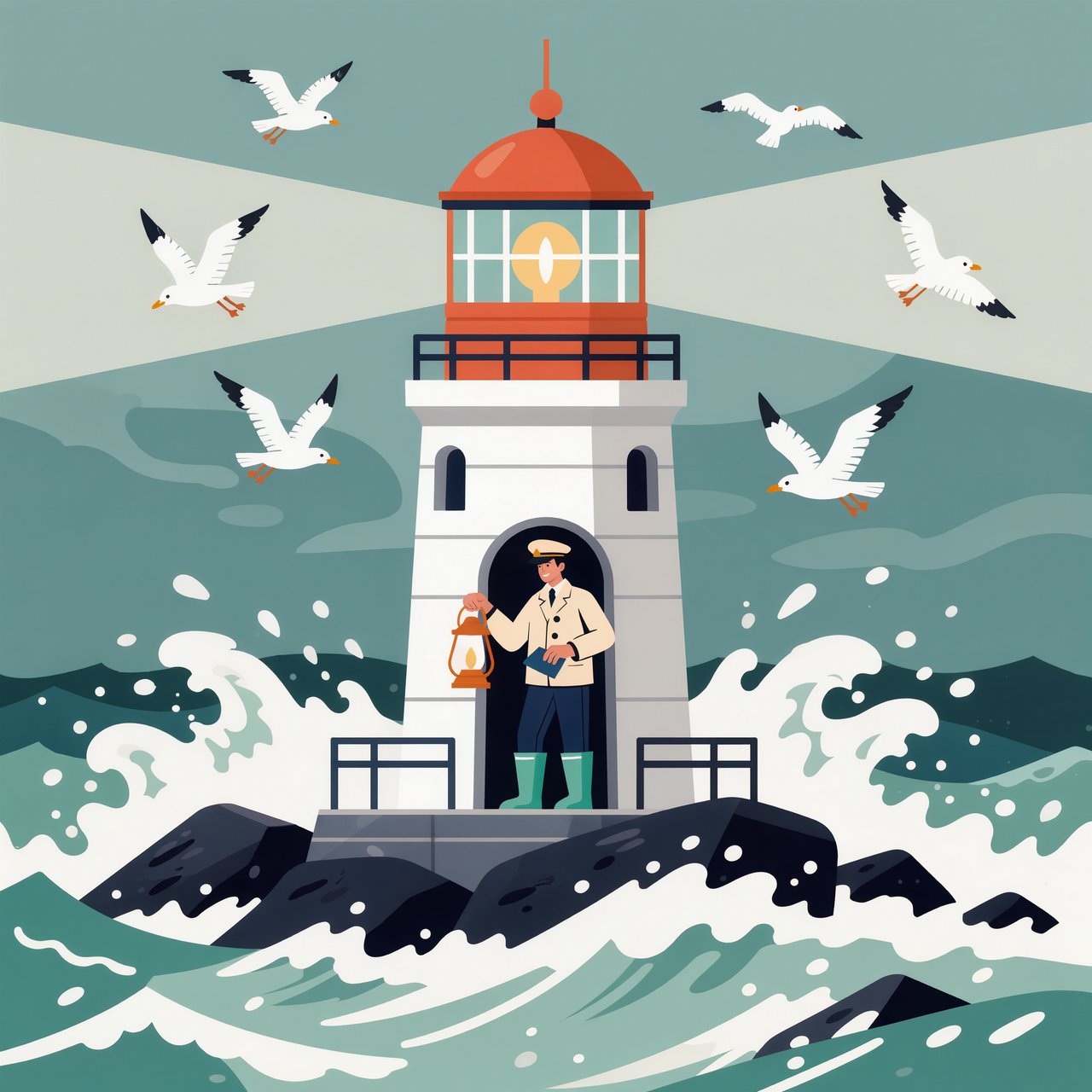 Flat-vector illustration of an adult lighthouse keeper polishing a brass lantern in a windswept tower, gulls circling beyond the glass and foam tracing black rocks below. Palette of sea-glass green, cream, vermilion, and navy. — Kling v3 Omni