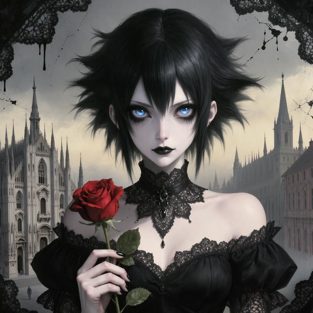 Atmospheric lighting creates soft background gradients through value blending, and surreal dark textures produce cracked surfaces and splatter via organic mark making. The fusion manifests as lace edges, dramatic chiaroscuro, and sharp focal contrast, transforming any subject through meticulous gothic surface modeling. A gothic woman depicted in 2026, with spiky black hair, blue eyes, and pale skin, wearing a black off-shoulder lace dress with a high ornate collar and puffed sleeves, holding a red rose. Close-up at eye level, the woman facing forward with her head slightly tilted, gazing directly at the viewer, holding a red rose in her right hand near her shoulder. Scene set before a gothic cathedral during overcast twilight, with misty atmosphere, featuring tall church spires in the background. — Kling v3 Omni