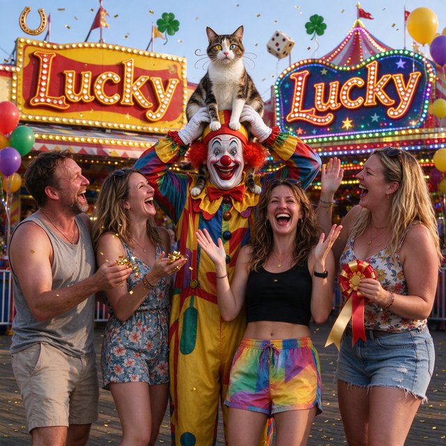 Realistic. Four to five adults having a very lucky day. One of the people is a clown with a very strange cat on their head. Another is wearing a black crop top and multicolored shorts. The word “Lucky” is seen at least twice in the background. — Seedream 5.0 Flash
