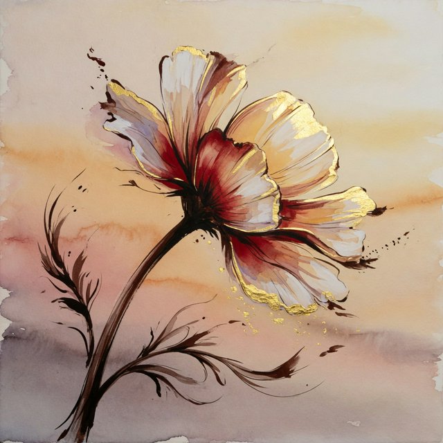 Gently sweeping forms emerge from long, subtle color transitions and soft contours. Bold ink strokes create resilient, confident edges that taper and densify in response to pressure. Raised, polished gold captures directional light in warm, metallic flashes. Luminous, rim-lit gradients blend wet-on-wet into floating patches of color, while a restrained palette of warm ochre, ivory, and deep crimson creates radiant, painterly highlights against a soft, atmospheric background. A flower in the summer wind. — Grok Imagine Image Quality