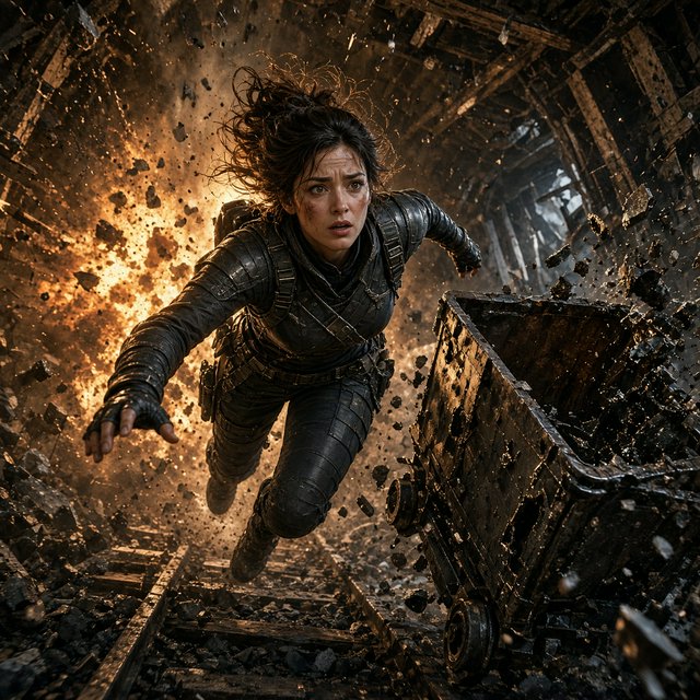 Collapsing mine, woman in a futuristic outfit, in a runaway mine cart. The cart is moving towards the foreground. Behind her cart, there was a huge explosion in the mine. The impact of the explosion is so great that it has knocked the cart off the tracks and sent the rider flying. Angle the empty cart, which is in the process of shattering, close to the woman. Focus the image on the female rider who has flown off the cart. Ensure her features are photorealistic. Make the scene photorealistic, explosive, and exciting as if it is from an action-packed movie. — Grok Imagine Image 2