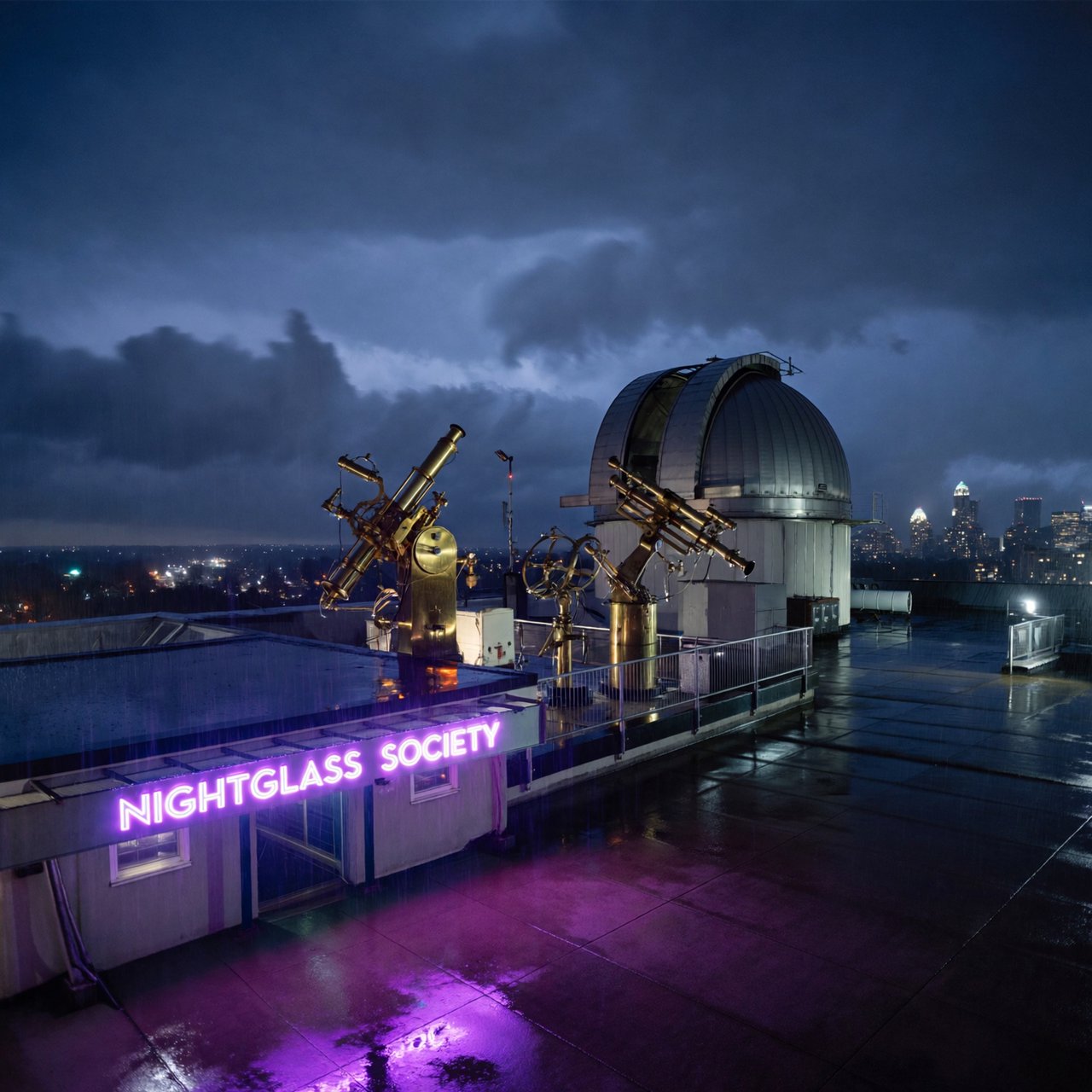 On a rain-darkened rooftop observatory, brass instruments gleam beneath a sliding dome while clouds part above the city; "NIGHTGLASS SOCIETY" glows in violet neon along the entrance canopy. — ImagineArt 2