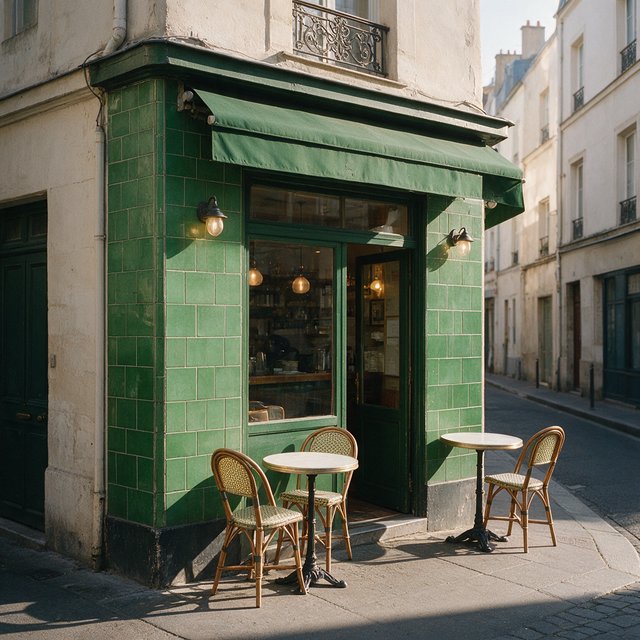 A tiny corner café in a narrow European street, green tiled facade, two bistro tables, morning light, no people. — Seedream 5.0 Pro