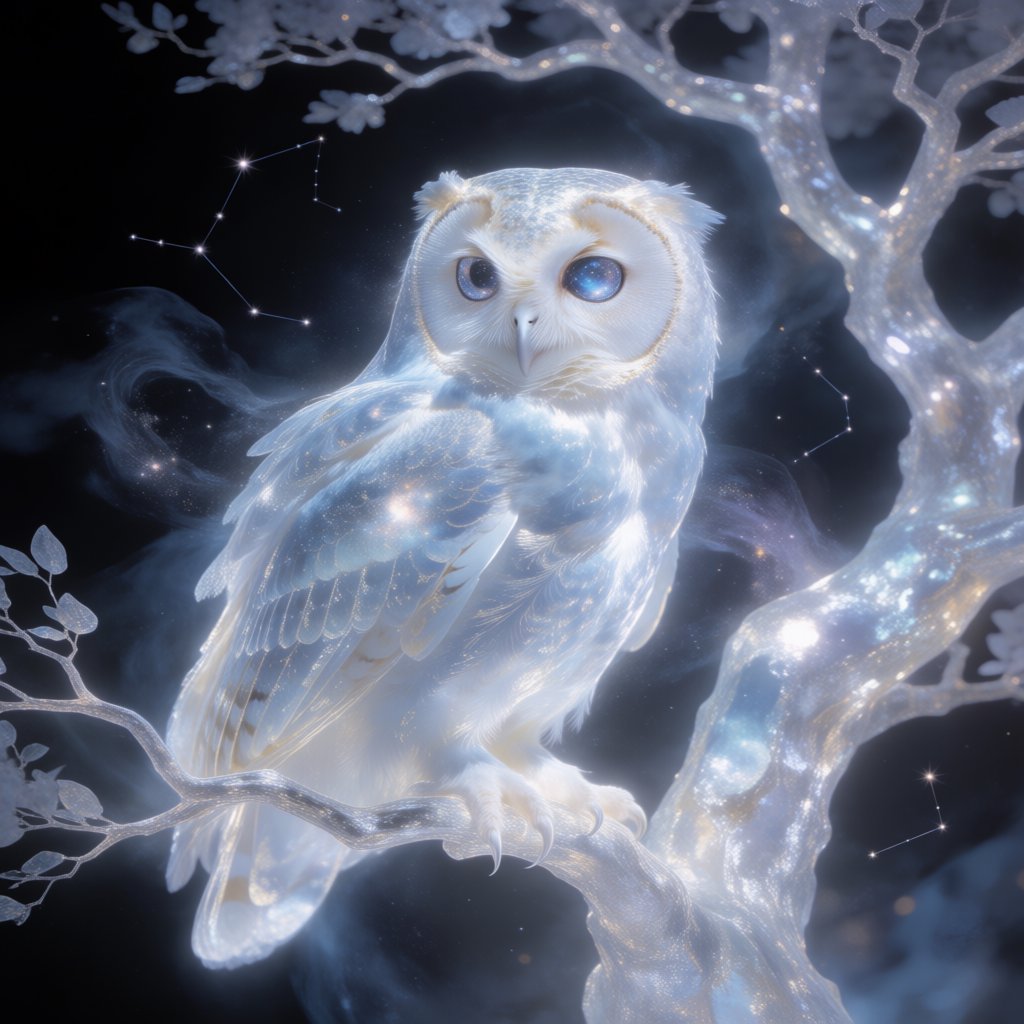 An ethereal owl with feathers made of shimmering moonlight and eyes like miniature galaxies, perched on a branch of a crystalline tree that grows in a void. Wisps of cosmic dust drift around it, and faint constellations are visible in the background. The scene evokes a sense of profound tranquility and celestial mystery. Style: Ethereal, surrealism, with a touch of photorealism. — Krea 2 Medium