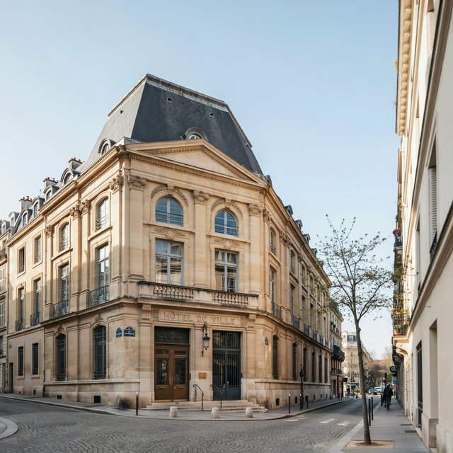 Exterior of a French Second Empire town hall with pale limestone, a dark mansard roof, copper cresting, and tall arched windows; clear spring light falls across the entrance terrace, viewed from the quiet street corner, precise lines and believable construction. — Ideogram v4