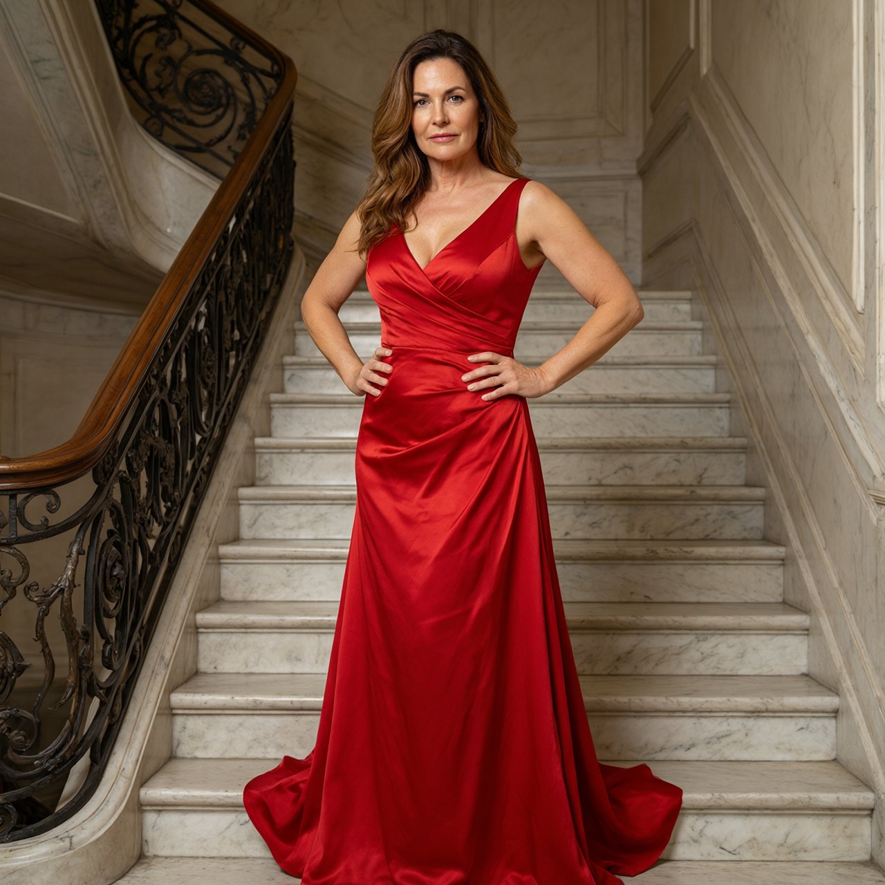An adult woman in a floor-length red satin evening gown on a marble staircase, soft key light, confident pose, magazine cover style. — Qwen Image 3.0 Pro
