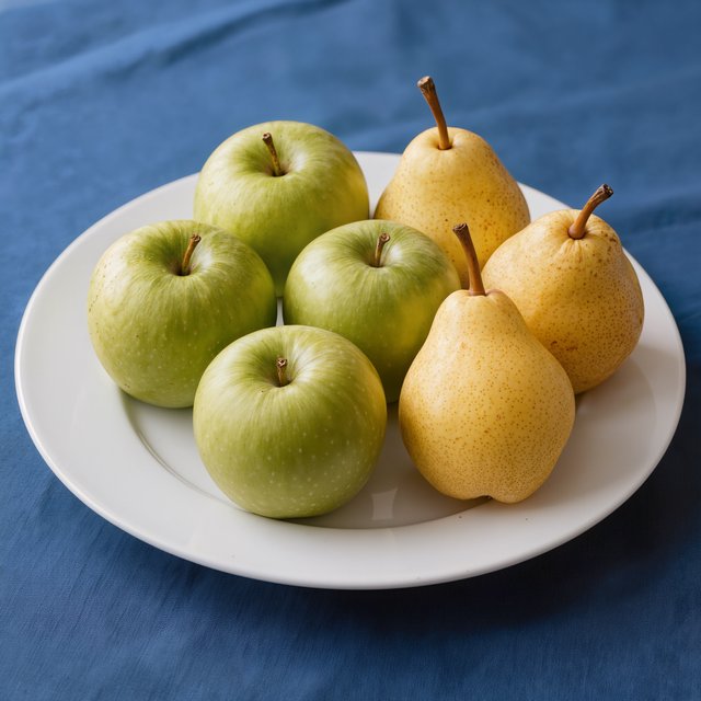 Exactly three green apples and two yellow pears on a white plate, the plate on a blue tablecloth, nothing else on the table. — Kling v3