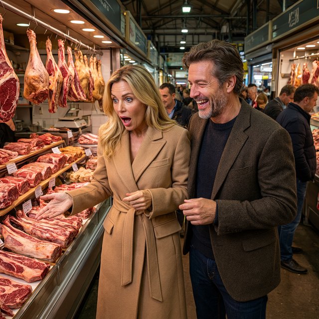Glamorous adult couple browsing an exotic meat market. The woman has a look of pure surprise at what is on sale. The man just laughs at her reaction! The market is busy and well lit. — Qwen Image 3.0 Pro