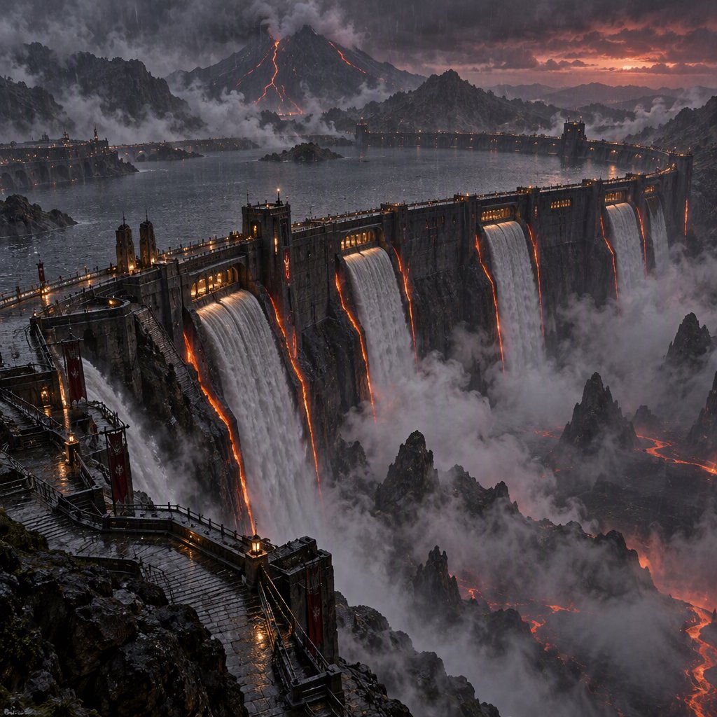 A colossal ring-shaped dam bridges a volcanic caldera, its black stone spillways veined with molten light. Rain veils the terraces as steam rises into a bruised dusk sky. — GPT Image 2.5 Sunburst