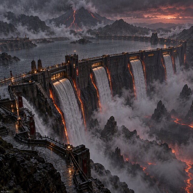 A colossal ring-shaped dam bridges a volcanic caldera, its black stone spillways veined with molten light. Rain veils the terraces as steam rises into a bruised dusk sky. — GPT Image 2.5 Sunburst