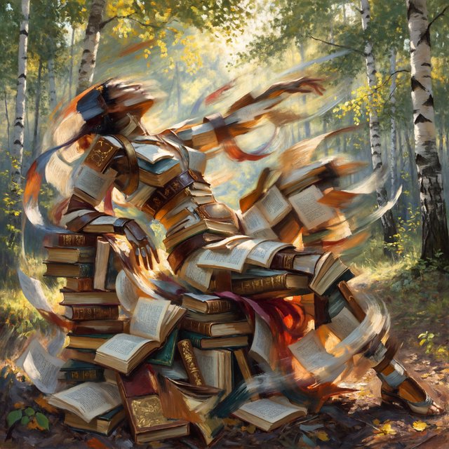 Create an adult odalisque entirely made of anthologies. The odalisque is formed from an anthology, with movement and motion blur that clearly shows its composition. The material should appear high quality, with dappled sunlight. The background is a birch forest, and the overall mood is Futurism. — ImagineArt 2