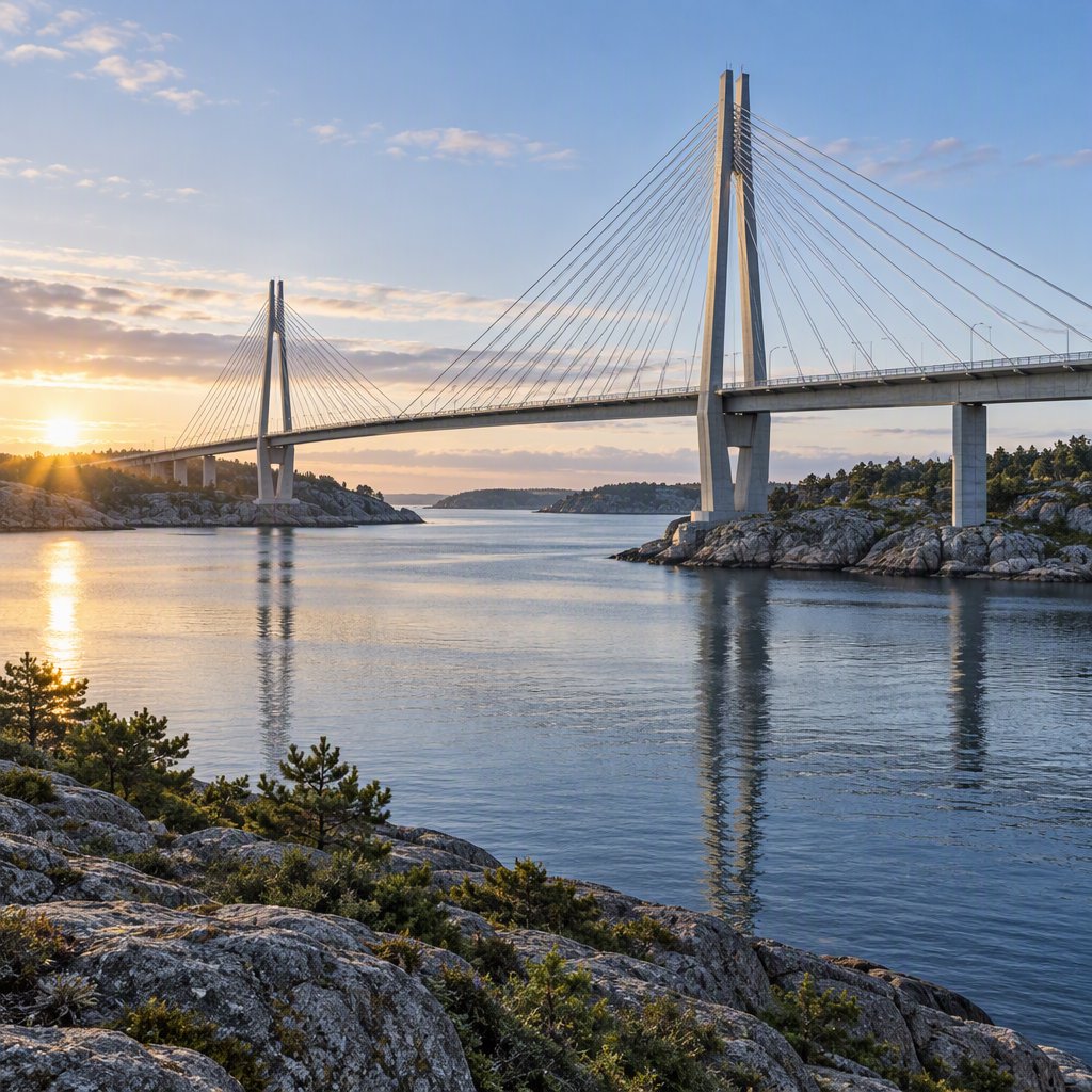 Across a sheltered coastal inlet, a contemporary high-tech cable-stayed bridge spans between granite shores, its slender steel pylons and pale concrete deck catching cool sunrise light; viewed from a rocky bank, straight lines and credible engineering define the scene. — GPT Image 2.5 Sunburst